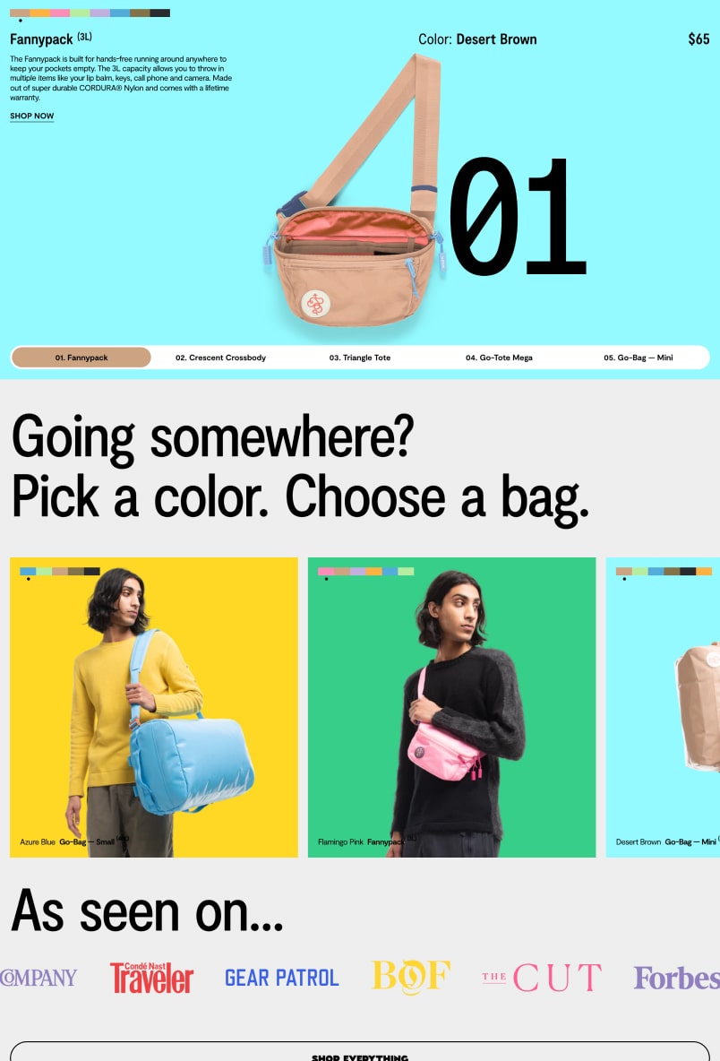 The Baboon to the Moon website selling colorful bags