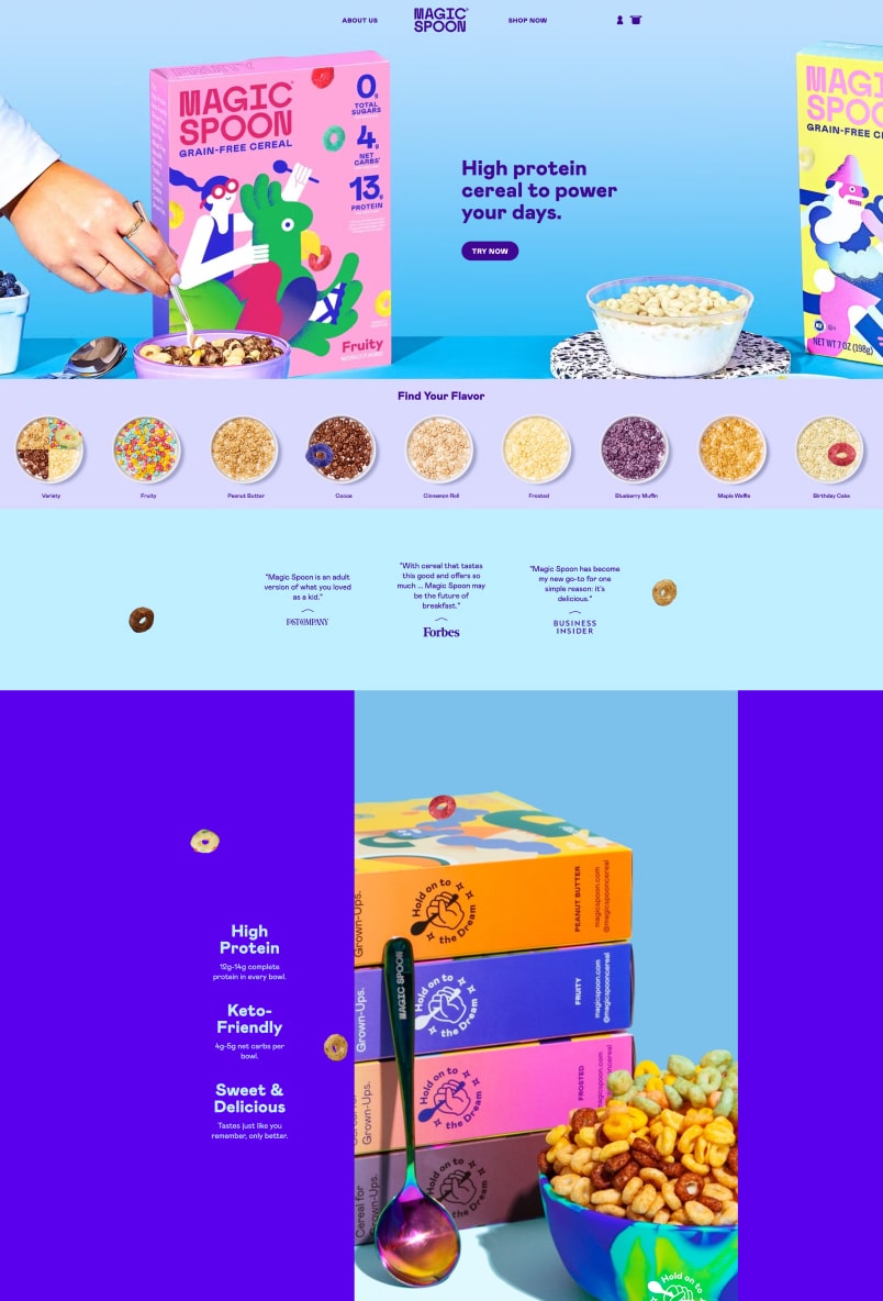 The Magic Spoon website selling healthy cereal