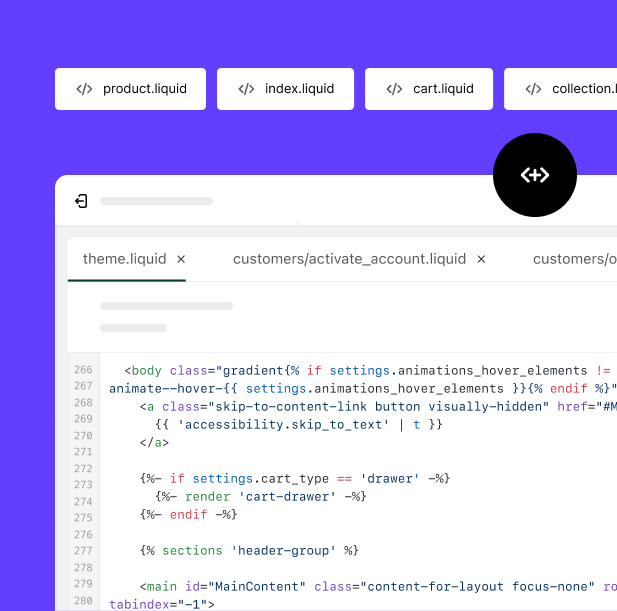 The Shopify theme editor, including theme.liquid code