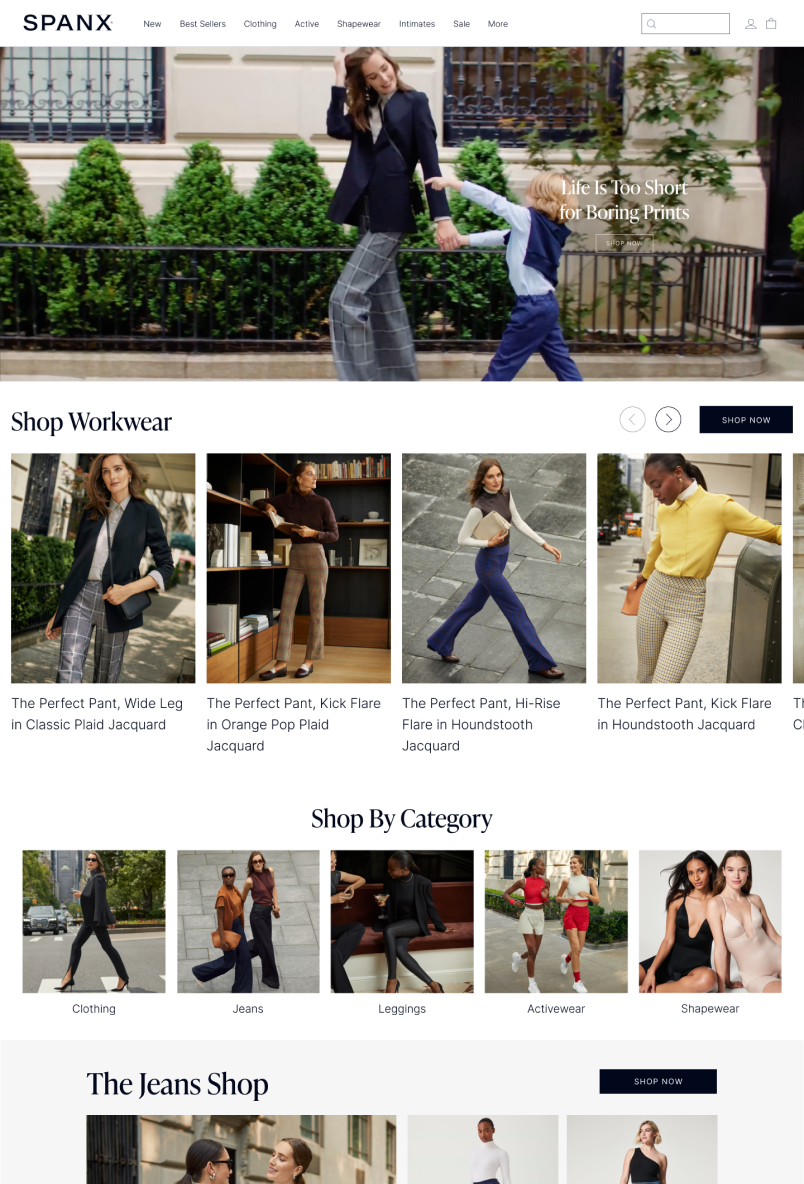 The Spanx website selling shapewear apparel
