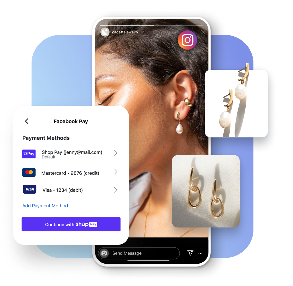 A young female wearing gold pearl drop earrings in an Instagram story. An interface showing methods of payments. Product tiles features two pairs of earrings by Cadette Jewelry.
