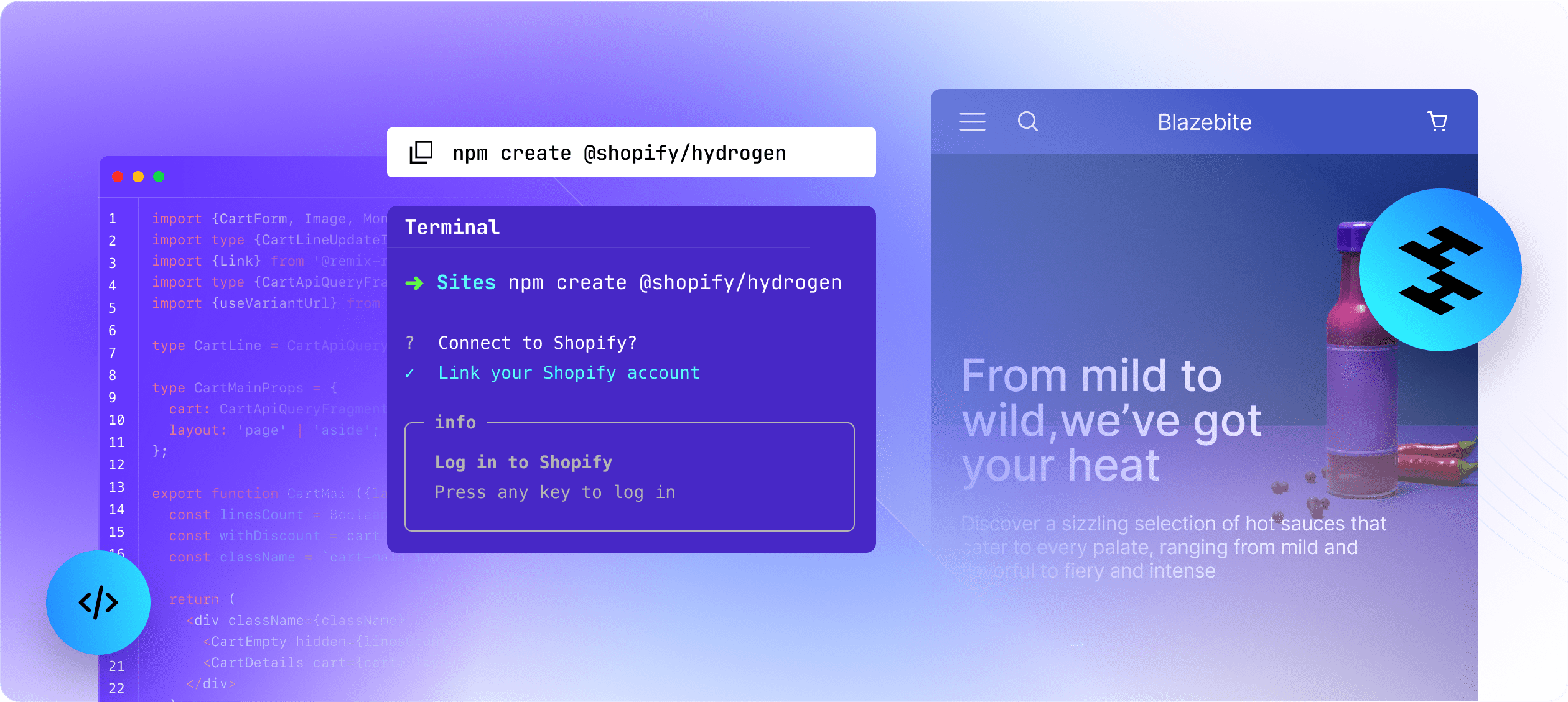 3 screens: a sample of Hydrogen code, a command-line interface, and a website built on Hydrogen