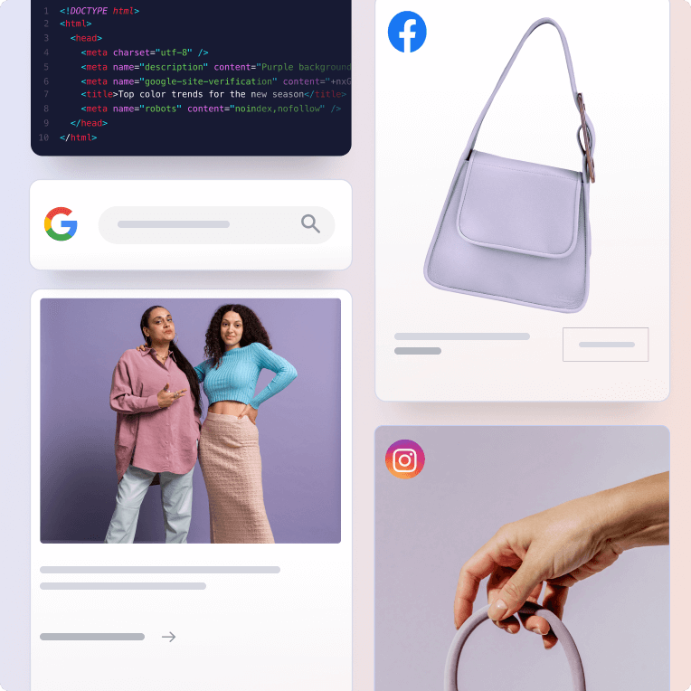 An array of marketing images for a clothing business, depicting a blog preview post alongside ads on Google, Facebook, Instagram.