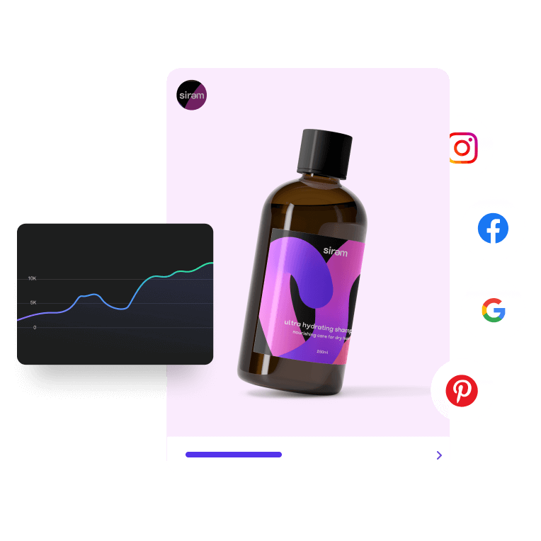 A sponsored ad depicting a bottle of shampoo, with a Shop now button, overlaid with an audience growth graph.