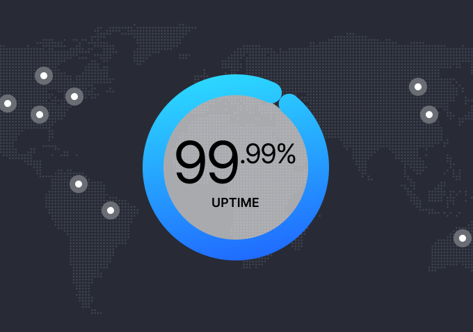 A map of the world with a stat showing 99.99% uptime